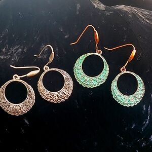 Antique Silver and Copper Wash Filagree Earrings Pair